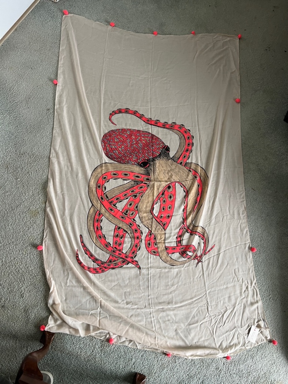 Oversized Octopus Scarf with Pink Pom Pom Trim lightweight for summer